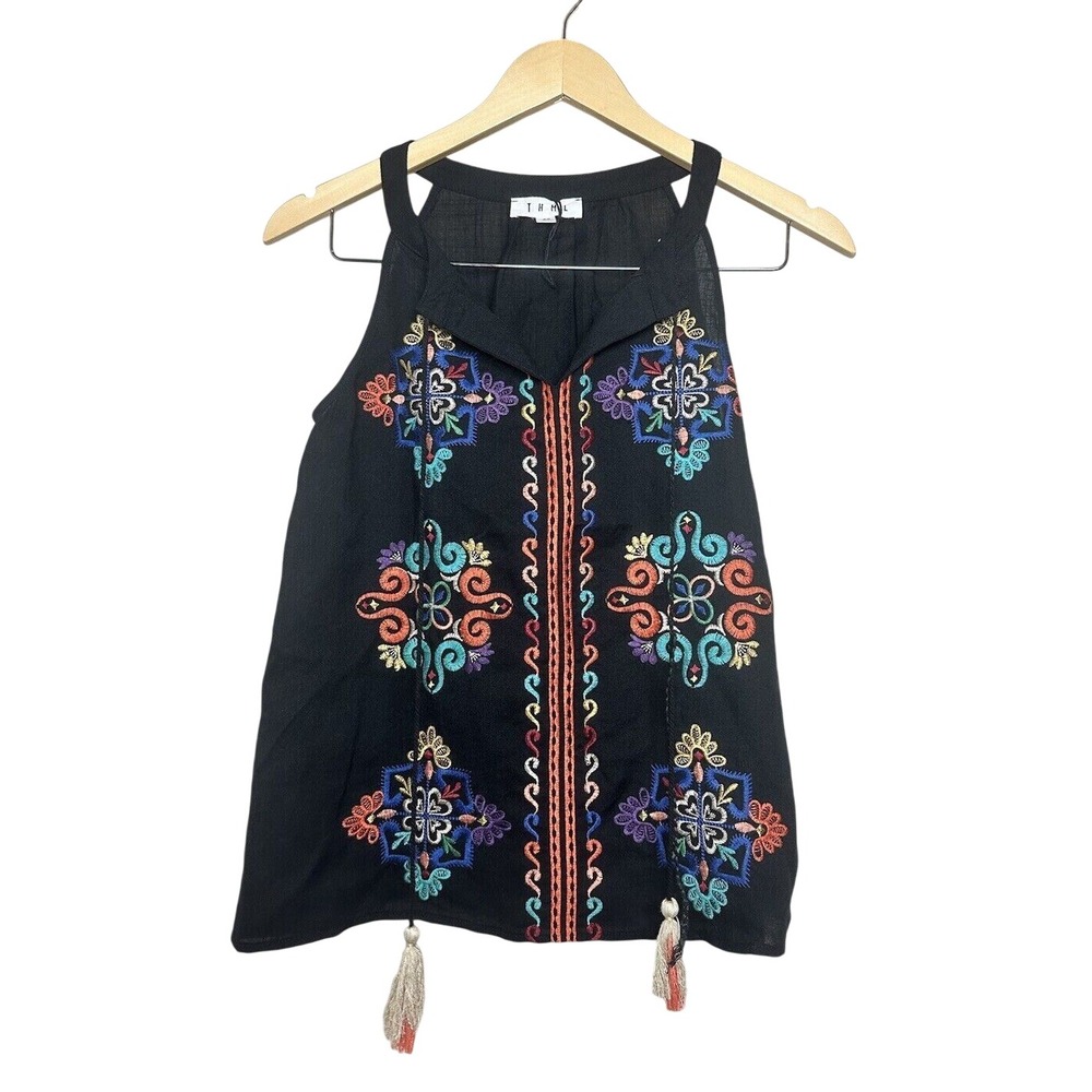 THML Embroidered Tank Top Women XS Black Sleeveless Tassel Boho FTM1194-BK